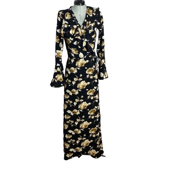 Beautiful Black Tan Floral Wrap Dress - Picture 1 of 5